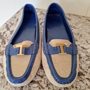 Tory Burch Driving Moccasins Logo Flats Canvas Leather Size 8.5 M
